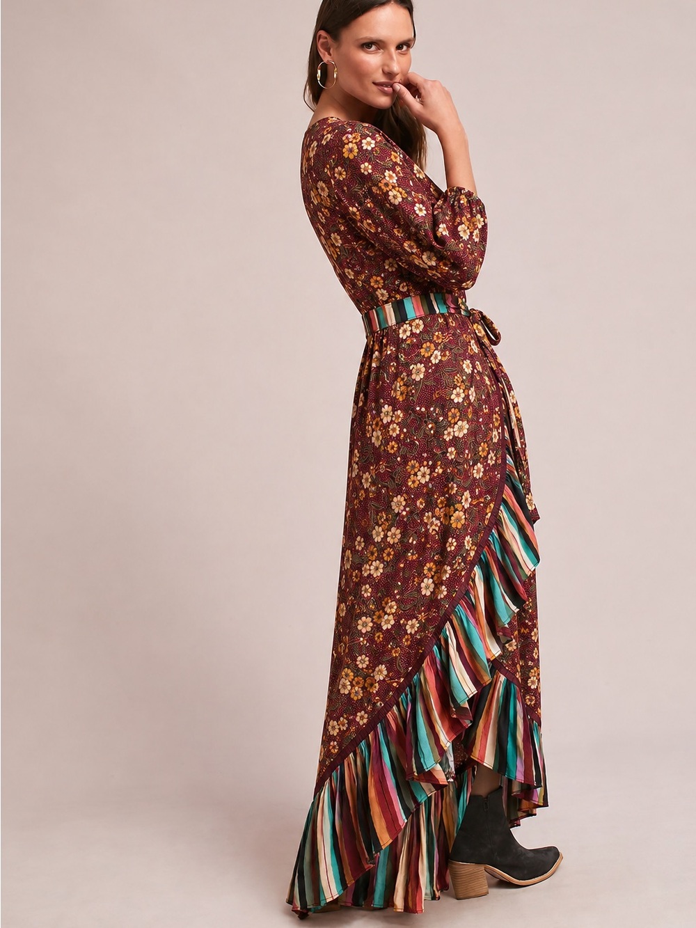FARM Rio Burgundy Floral Maxi Wrap Dress with Multicolor Striped Trim - Picture 2 of 16